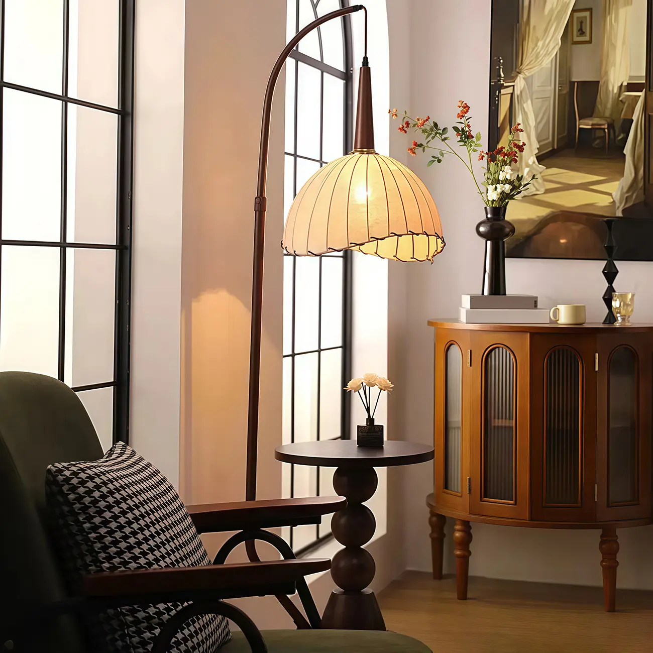 Adjustable Wooden Beige Dome Arc Floor Lamp with Table Image - 4 | homeyfad