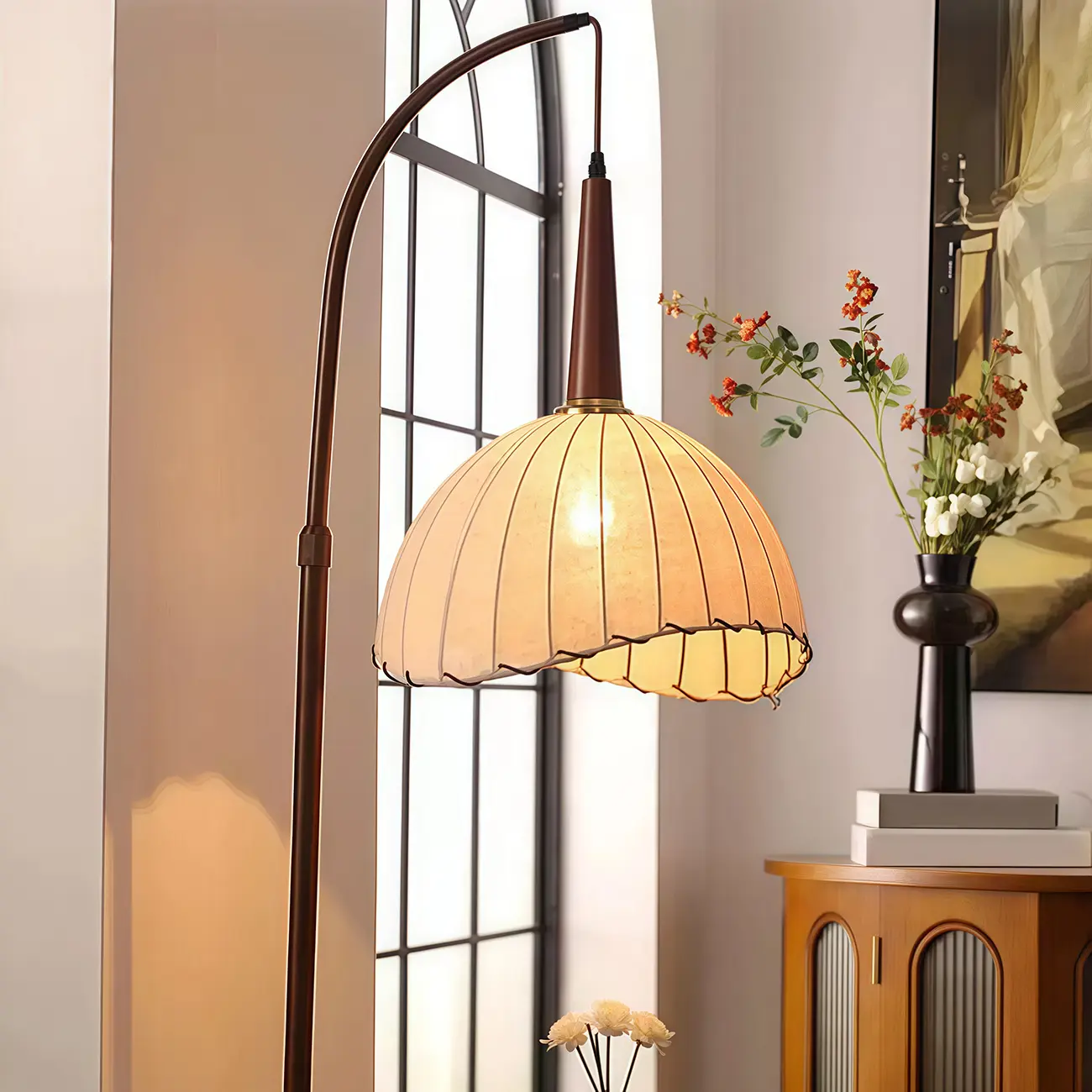 Adjustable Wooden Beige Dome Arc Floor Lamp with Table Image - 5 | homeyfad