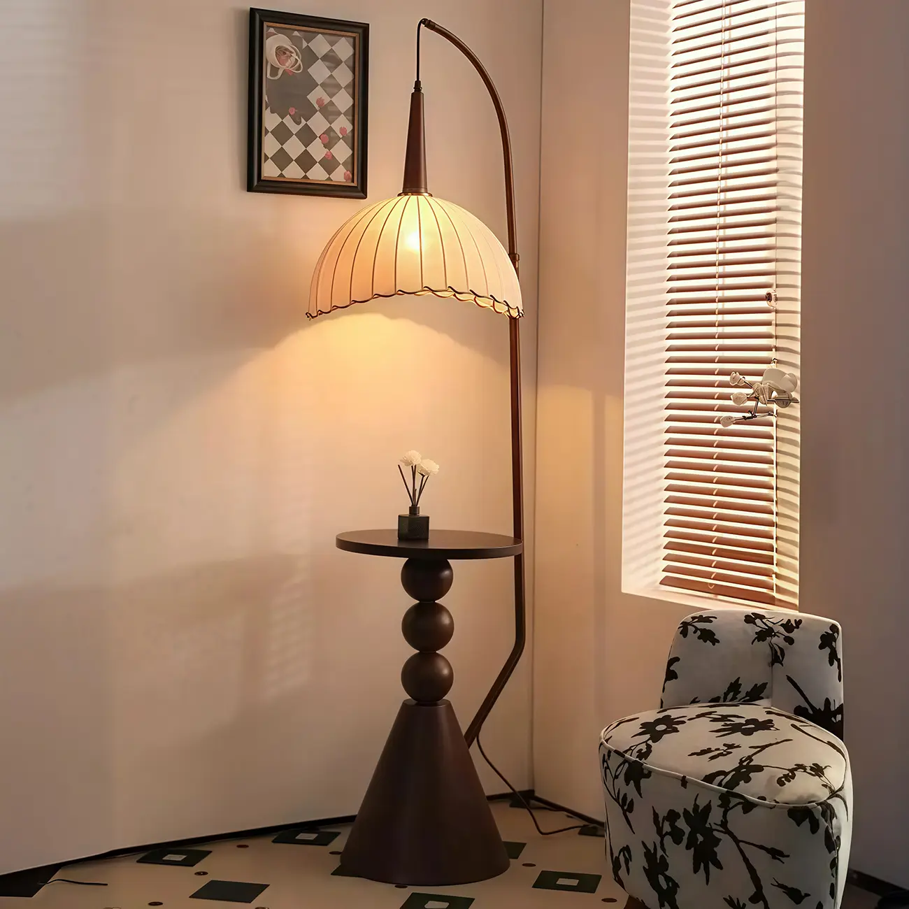 Adjustable Wooden Beige Dome Arc Floor Lamp with Table Image - 3 | homeyfad
