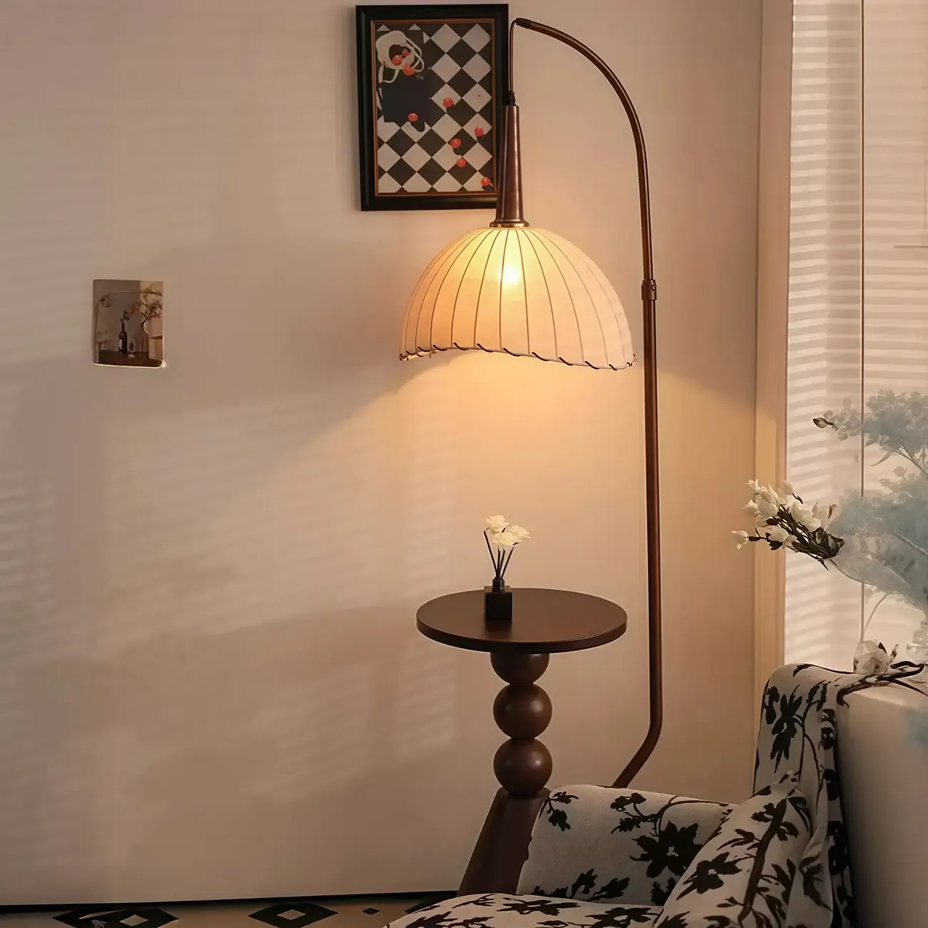 Adjustable Wooden Beige Dome Arc Floor Lamp with Table Image - 3