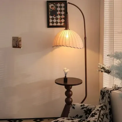 Adjustable Wooden Beige Dome Arc Floor Lamp with Table Image - 3