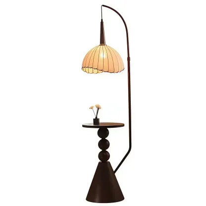 Adjustable Wooden Beige Dome Arc Floor Lamp with Table Image - 10