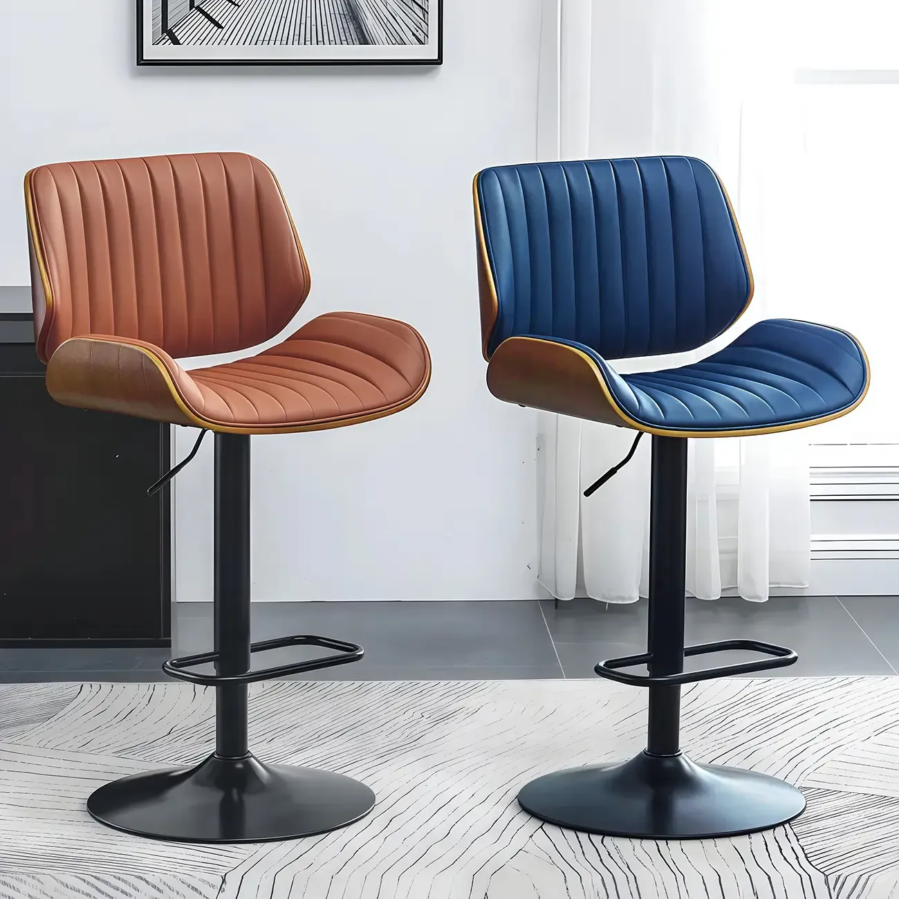 Elegant Wood Leather Red Swivel Adjustable Bar Stool Image - 4