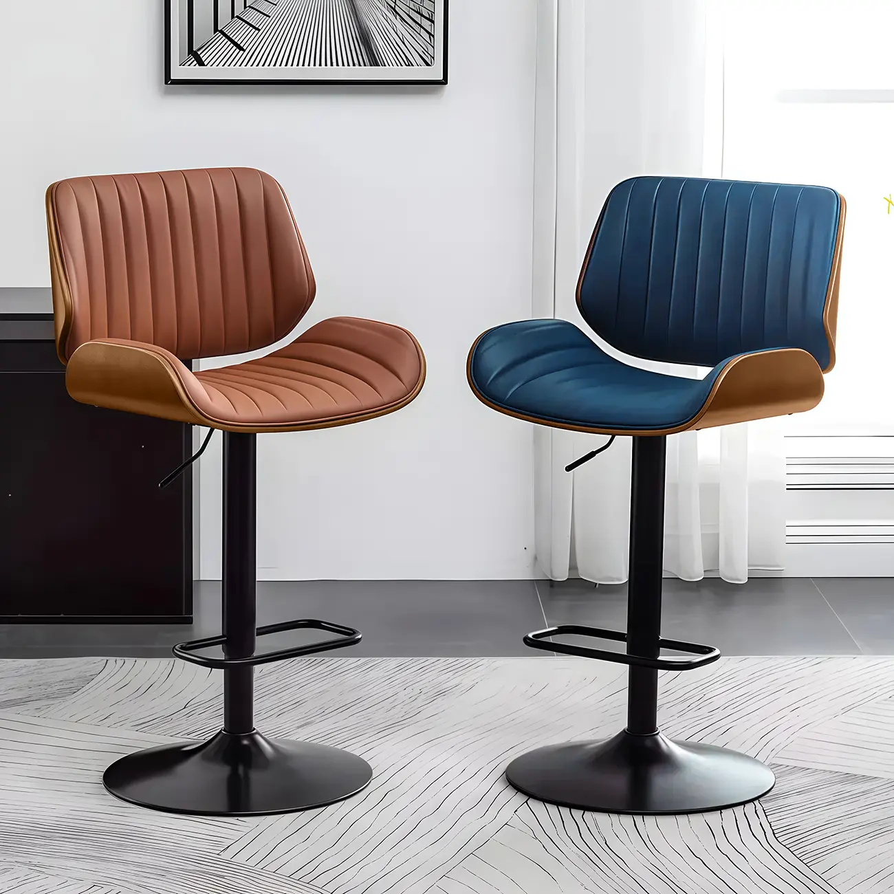 Elegant Wood Leather Red Swivel Adjustable Bar Stool Image - 3 | homeyfad