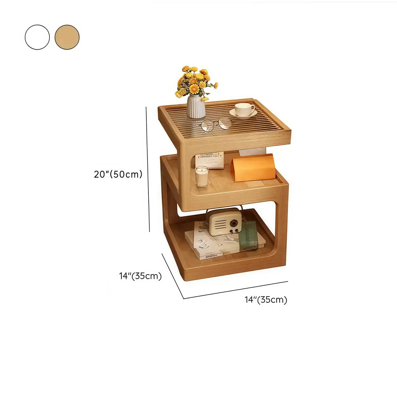 Elegant Narrow 3-Tier Natural Wood Nightstand with Glass Top Image - 13