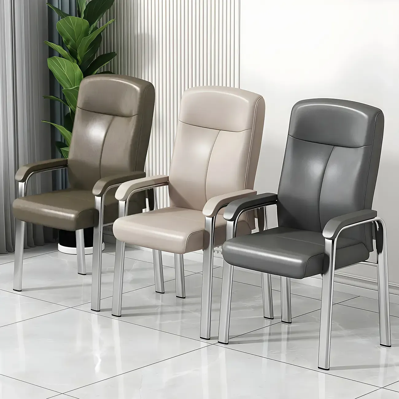 Modern Leather Metal 4-Leg Office Chair with Arms Image - 1