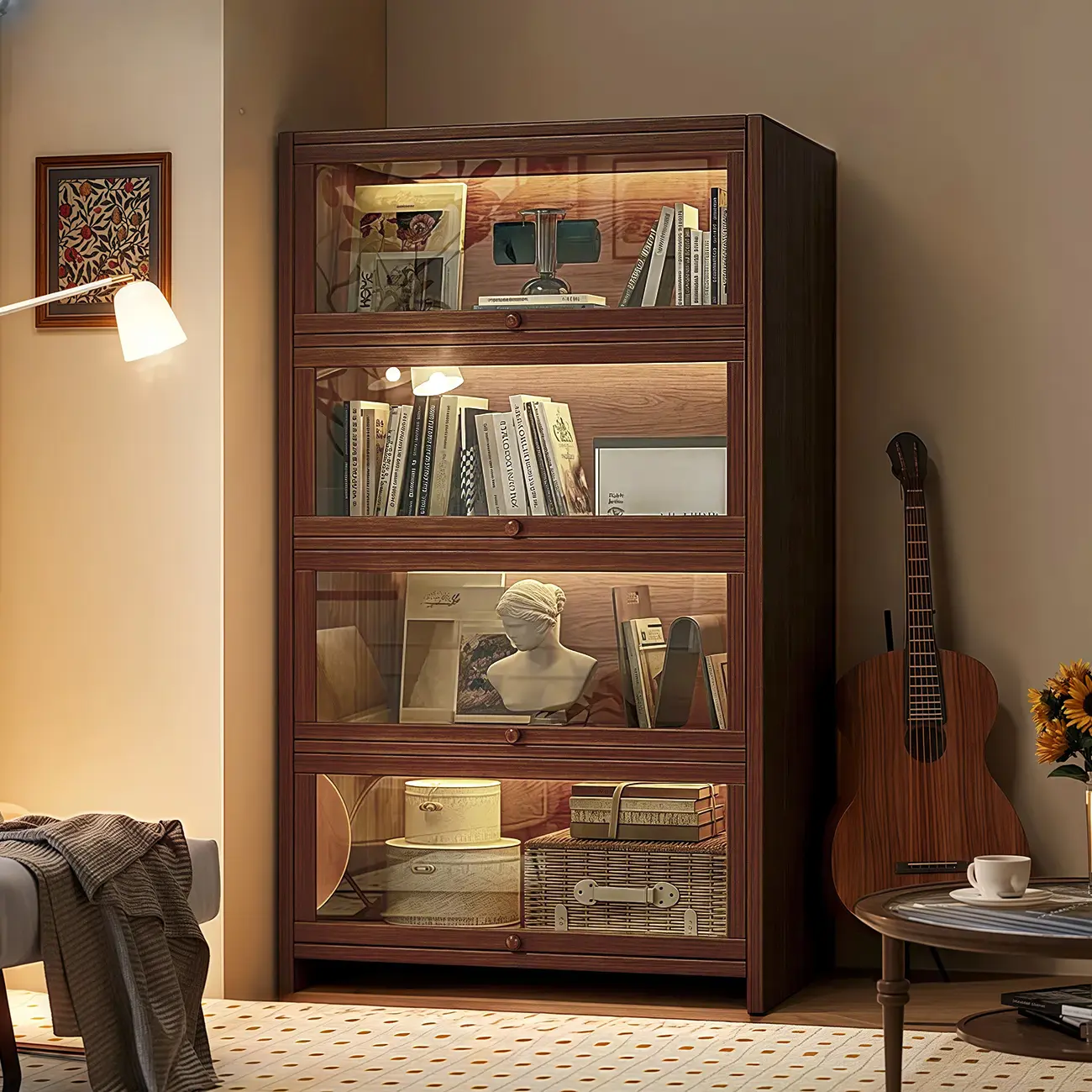 Scandinavian Natural 5-Tier Wood Bookcase with Flip-up Doors Image - 2 | homeyfad