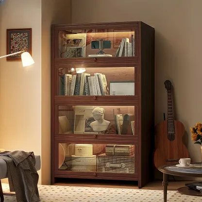 Scandinavian Natural 5-Tier Wood Bookcase with Flip-up Doors Image - 2