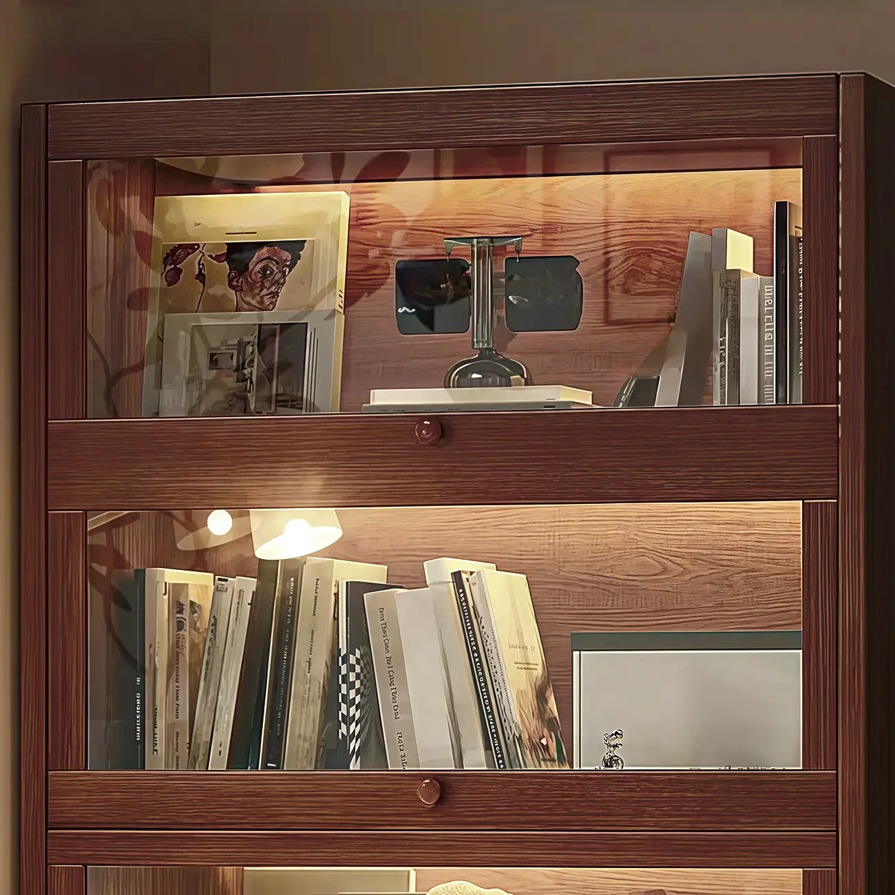 Scandinavian Natural 5-Tier Wood Bookcase with Flip-up Doors Image - 3 | homeyfad