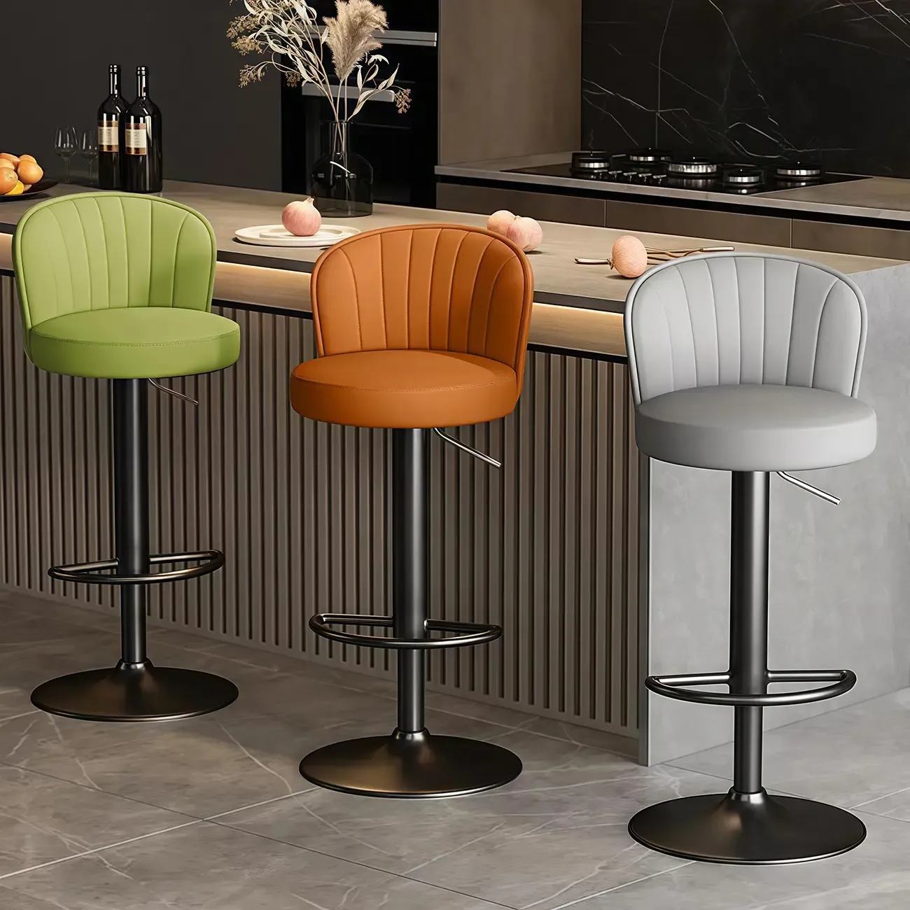 Modern Leather Adjustable Swivel Bar Stools with Back Image - 1