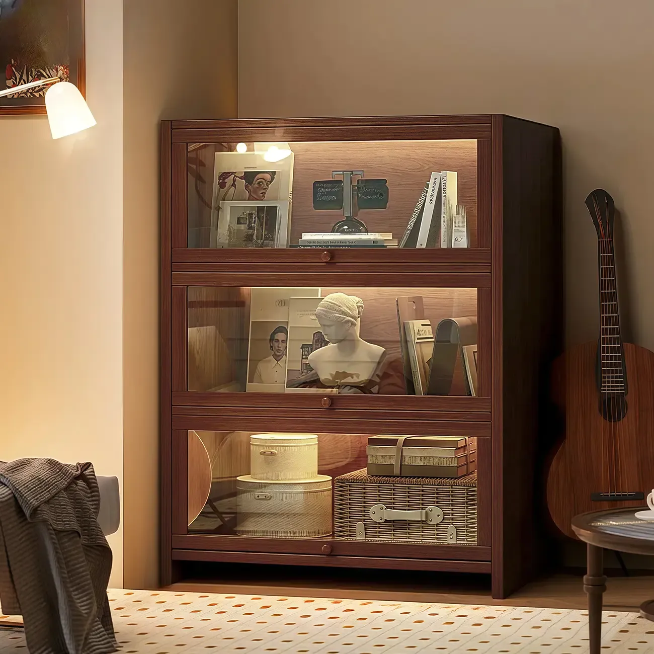 Scandinavian Natural 5-Tier Wood Bookcase with Flip-up Doors Image - 5