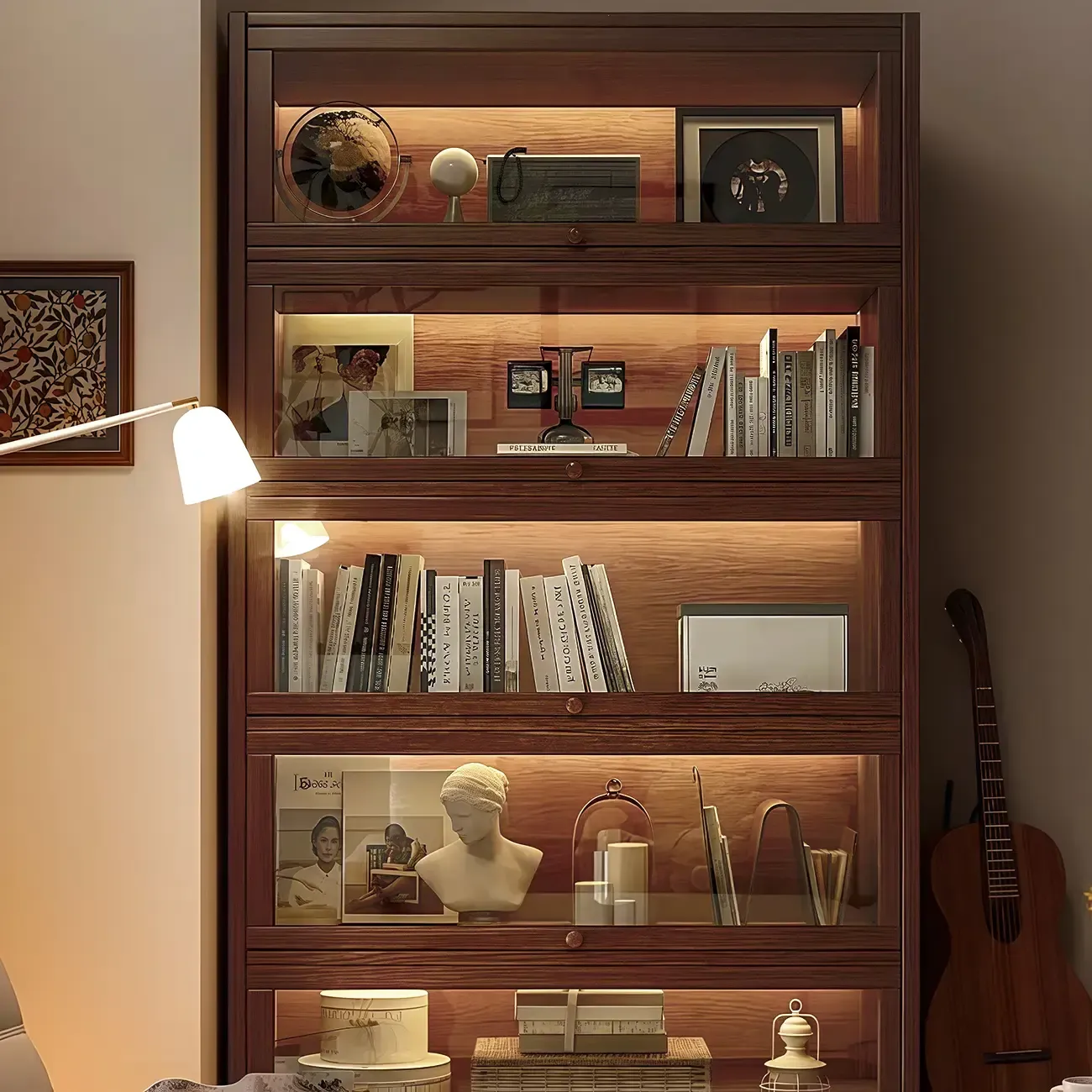 Scandinavian Natural 5-Tier Wood Bookcase with Flip-up Doors Image - 7