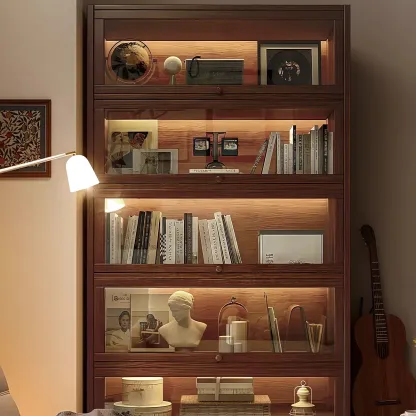 Scandinavian Natural 5-Tier Wood Bookcase with Flip-up Doors Image - 7