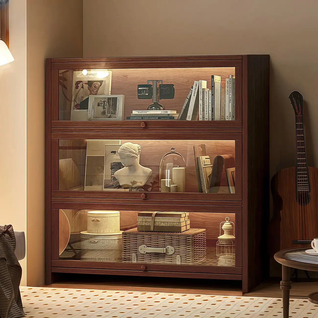 Scandinavian Natural 5-Tier Wood Bookcase with Flip-up Doors Image - 8 | homeyfad