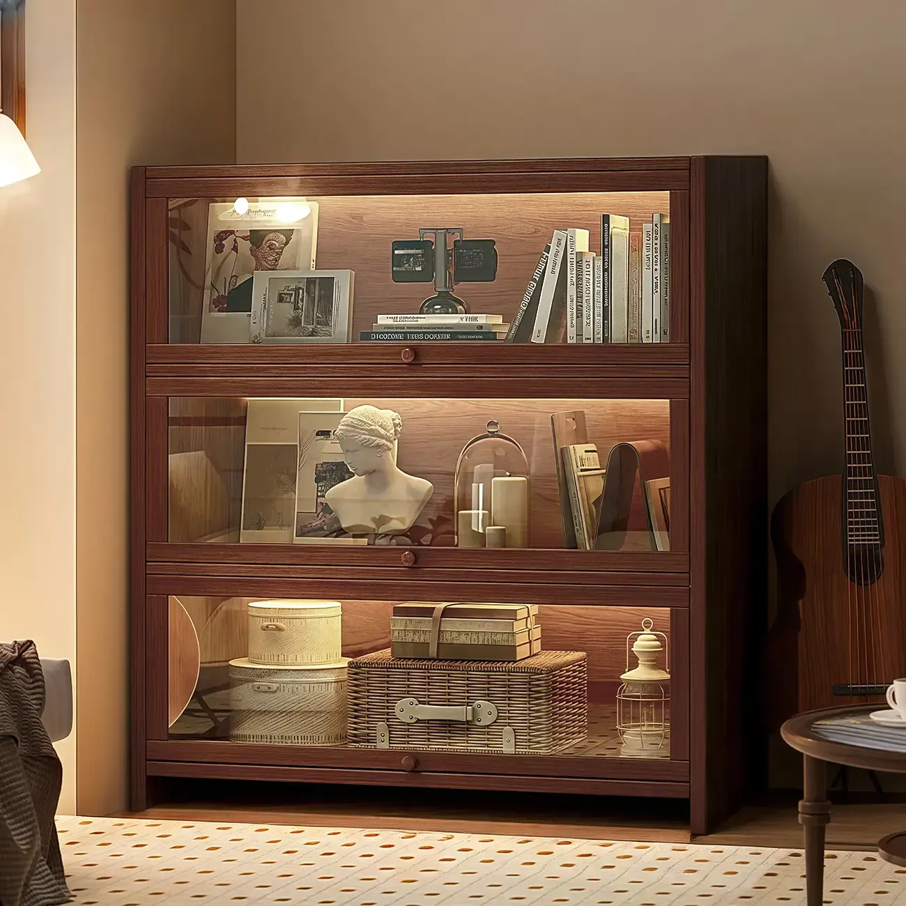 Scandinavian Natural 5-Tier Wood Bookcase with Flip-up Doors Image - 8