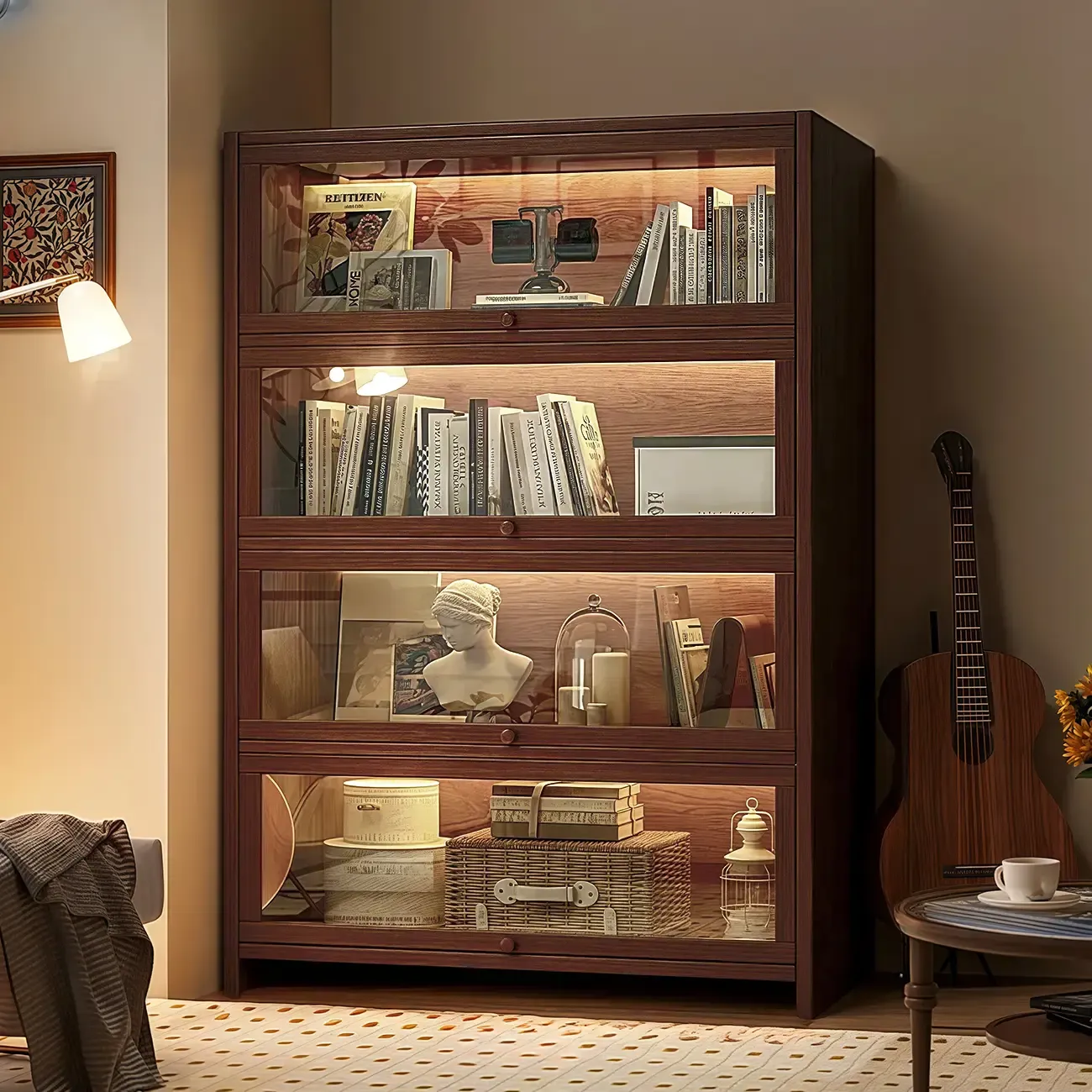 Scandinavian Natural 5-Tier Wood Bookcase with Flip-up Doors Image - 10