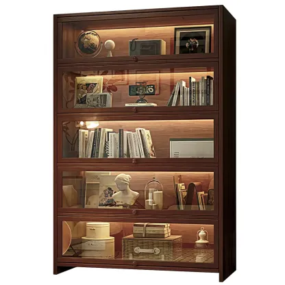 Scandinavian Natural 5-Tier Wood Bookcase with Flip-up Doors Image - 11