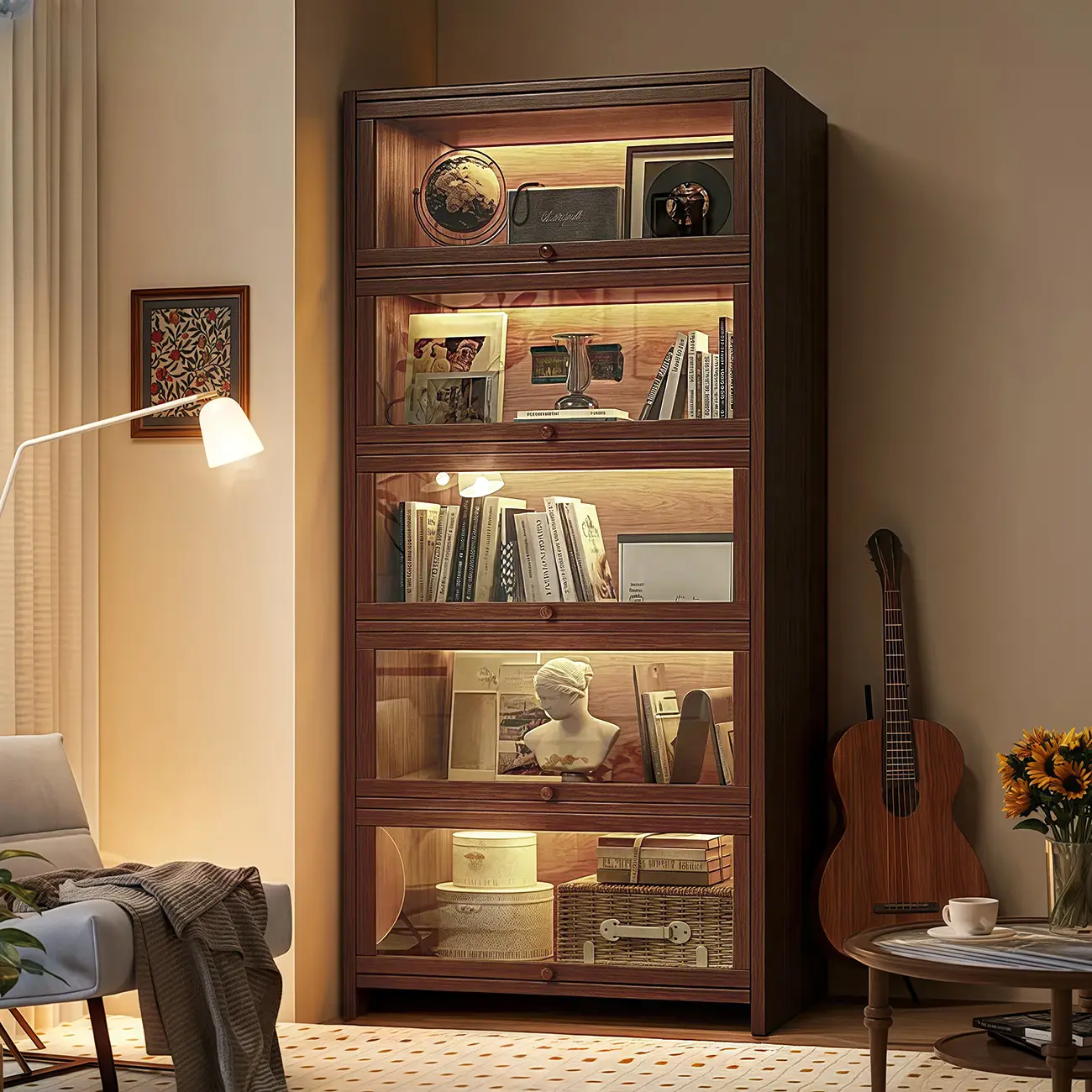 Scandinavian Natural 5-Tier Wood Bookcase with Flip-up Doors Image - 12 | homeyfad