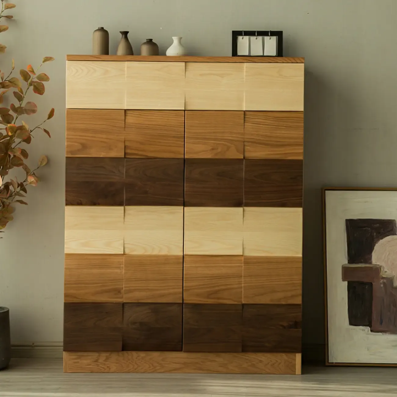 Scandinavian Brown Solid Wood Shoe Cabinet for Entryway Image - 1