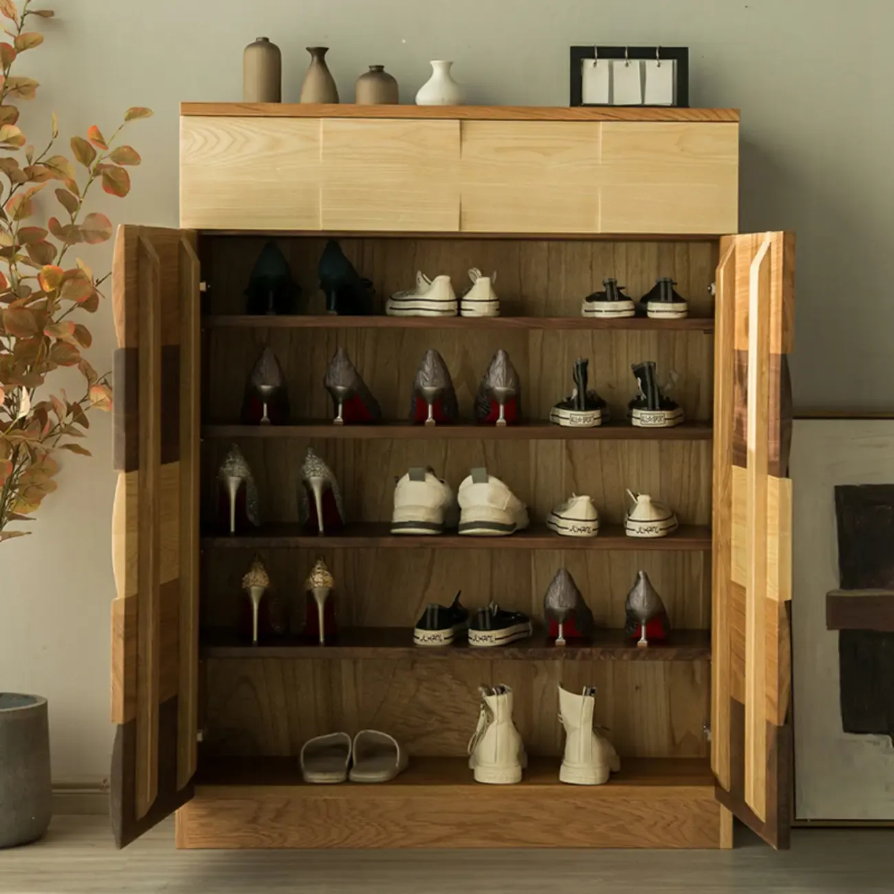 Scandinavian Brown Solid Wood Shoe Cabinet for Entryway Image - 6