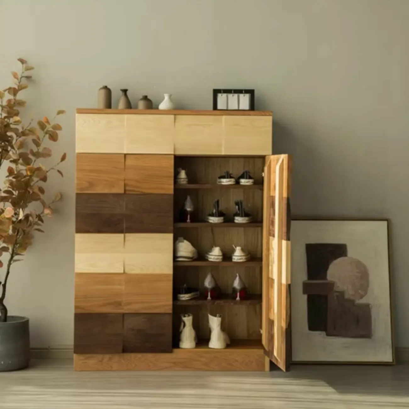 Scandinavian Brown Solid Wood Shoe Cabinet for Entryway Image - 3