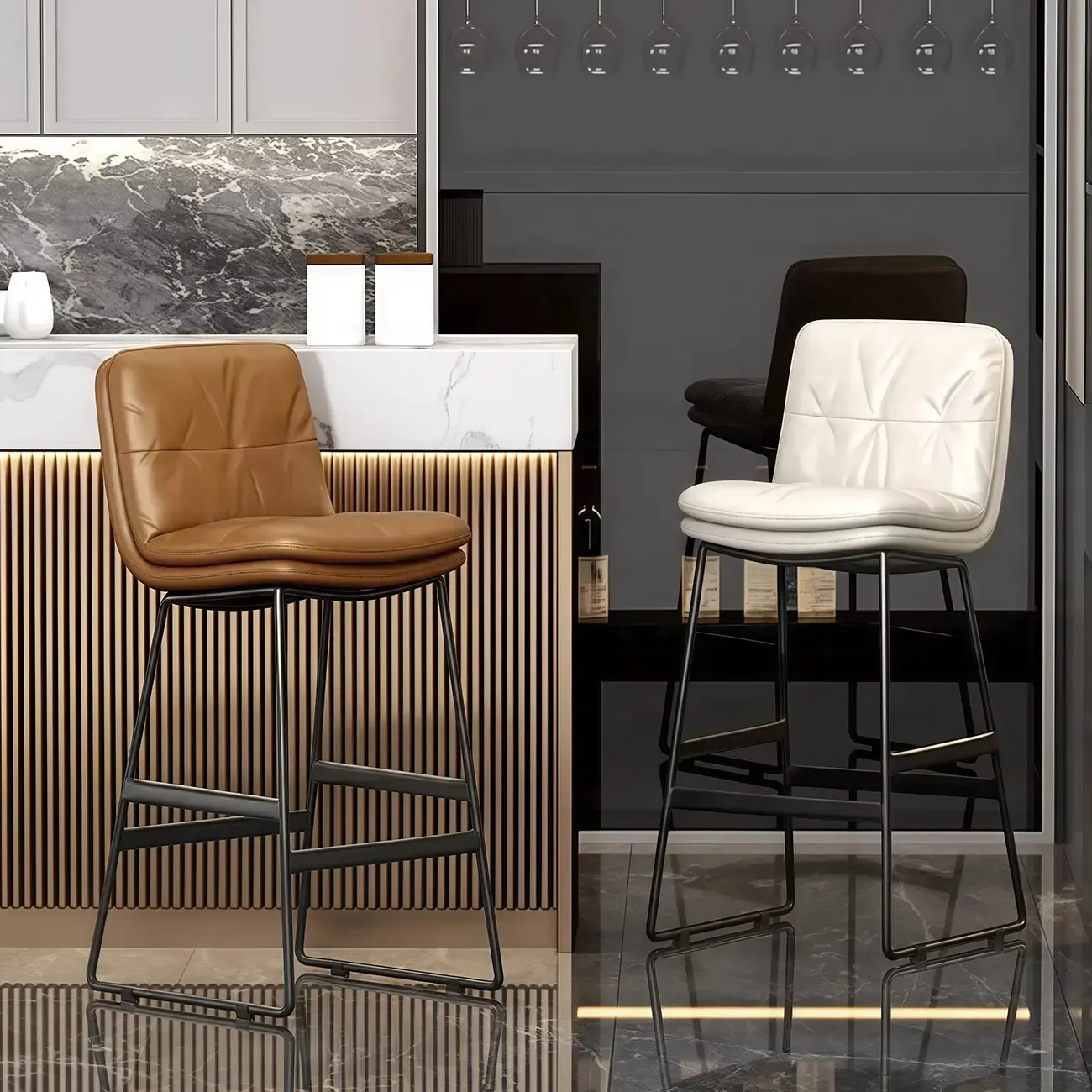 Saddle Metal Frame Leather Counter Bar Stools with Back Image - 1