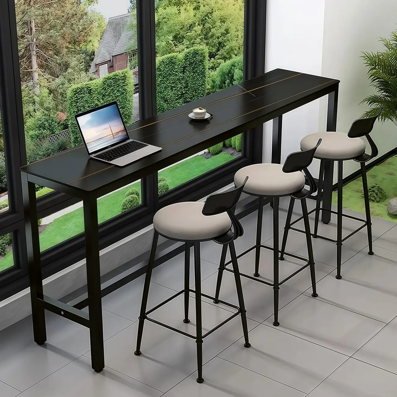 Modern Grey Stone Top Bar Height Table with Trestle Base Image - 5 | homeyfad