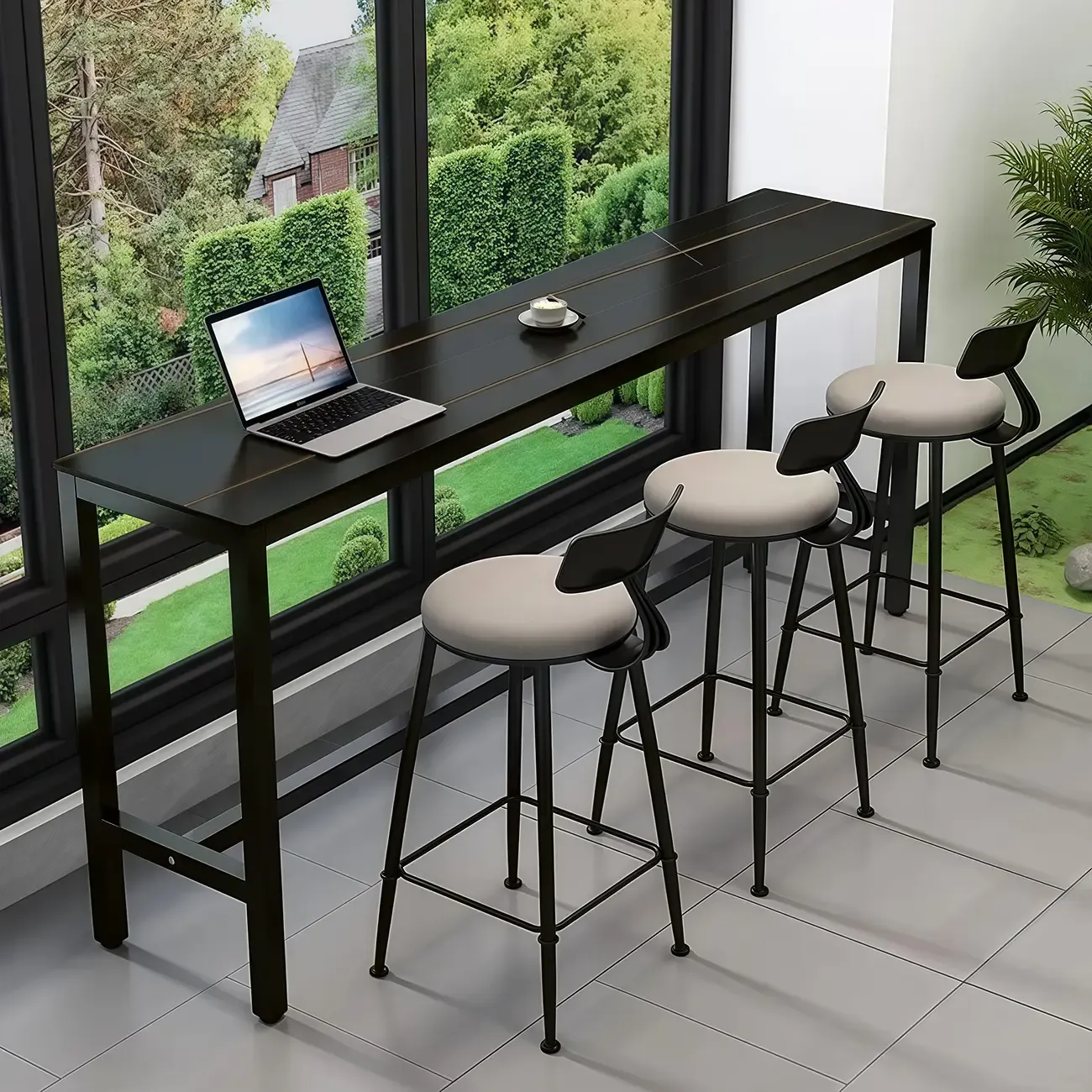 Modern Grey Stone Top Bar Height Table with Trestle Base Image - 5