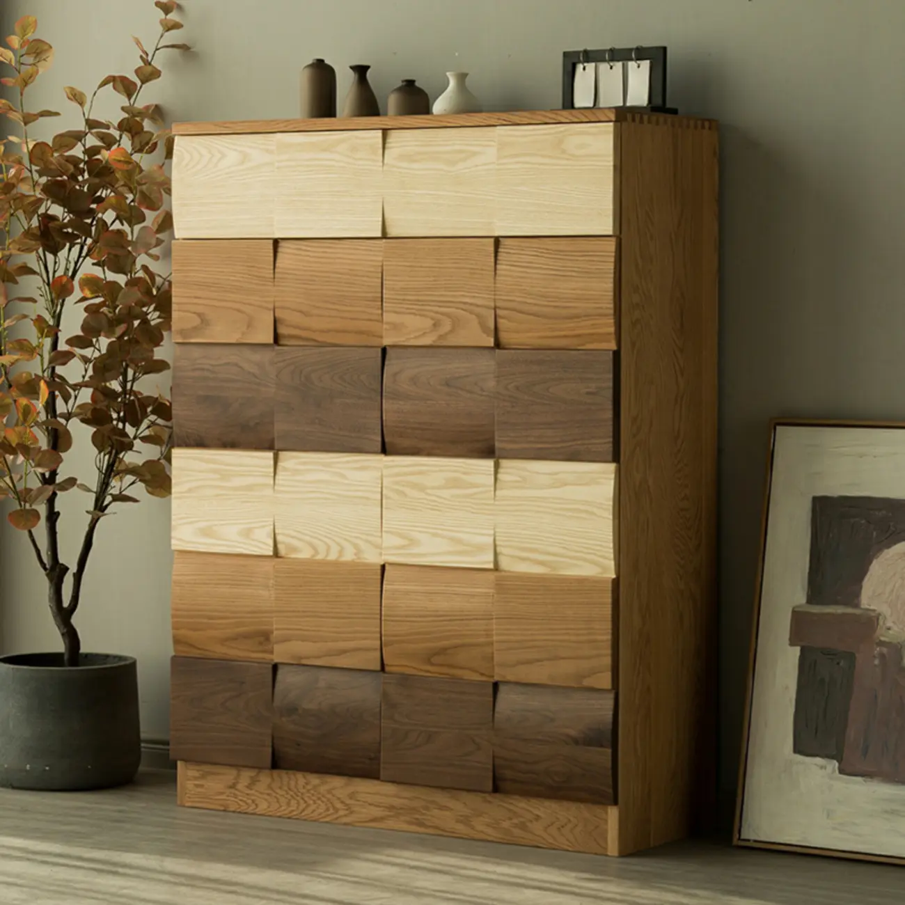 Scandinavian Brown Solid Wood Shoe Cabinet for Entryway Image - 4 | homeyfad