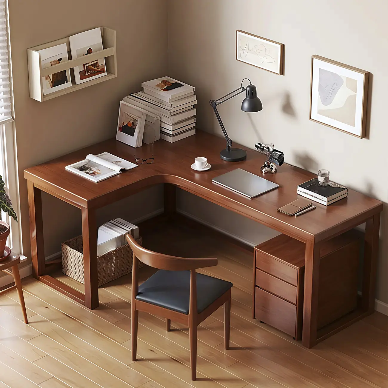 L-Shaped Brown Wooden Corner Office Desk Image - 1 | homeyfad