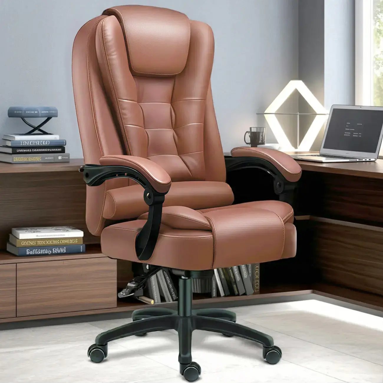 Ergonomic Black Leather Swivel Office Chair with Footrest Image - 5 | homeyfad