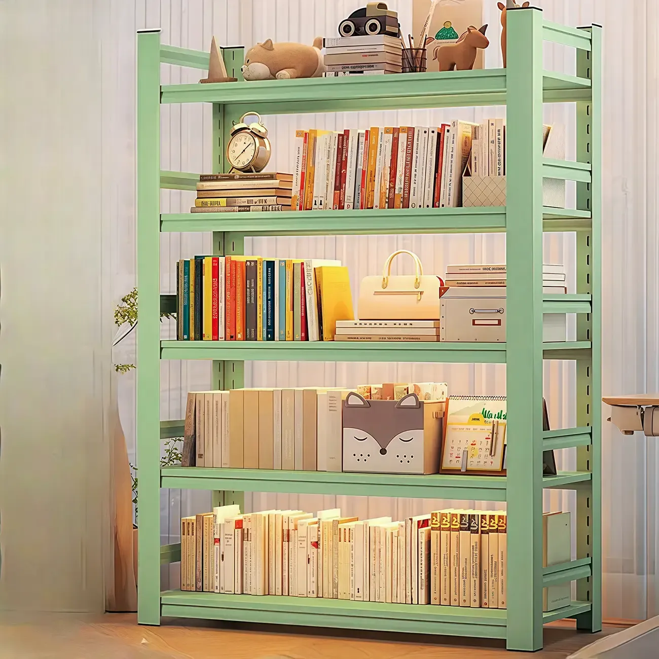 Multi-functional Vertical Green Steel 5-Shelf Bookshelf Image - 1