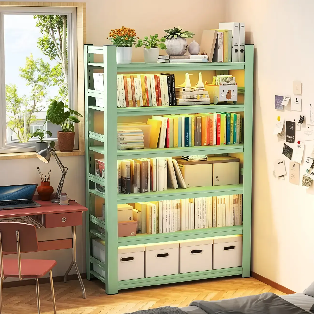 Multi-functional Vertical Green Steel 5-Shelf Bookshelf Image - 3