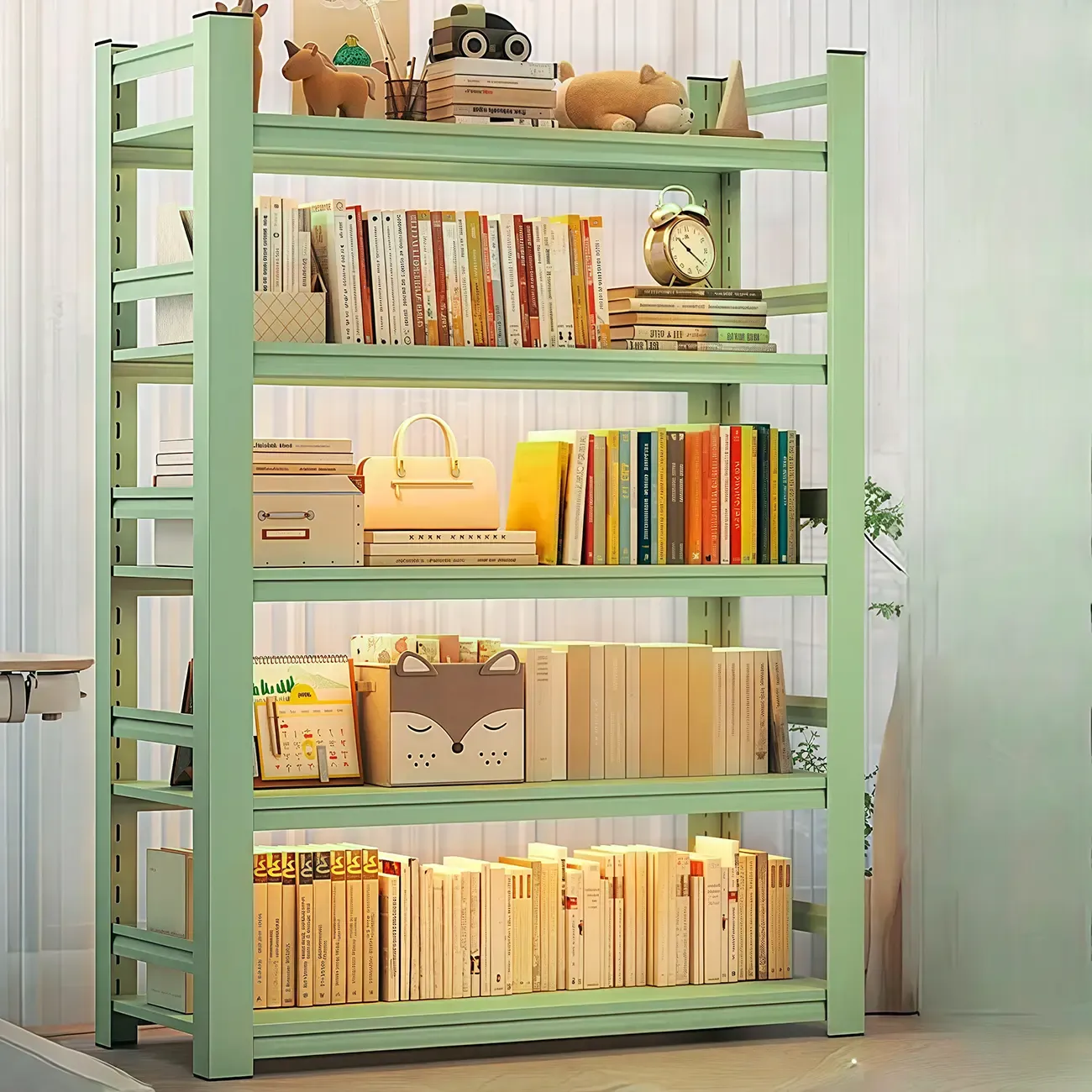 Multi-functional Vertical Green Steel 5-Shelf Bookshelf Image - 4