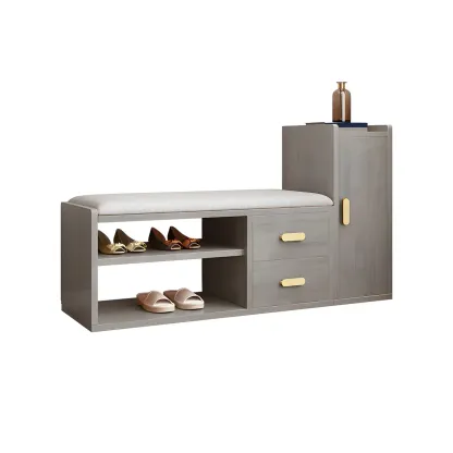 Scandinavian Nut-Brown Wooden Shoe Storage Bench Image - 11