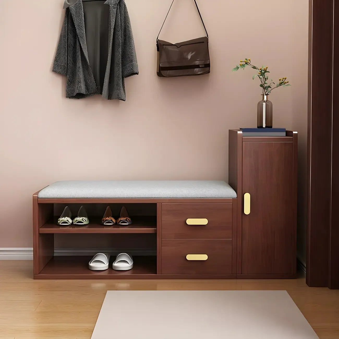 Scandinavian Nut-Brown Wooden Shoe Storage Bench Image - 5