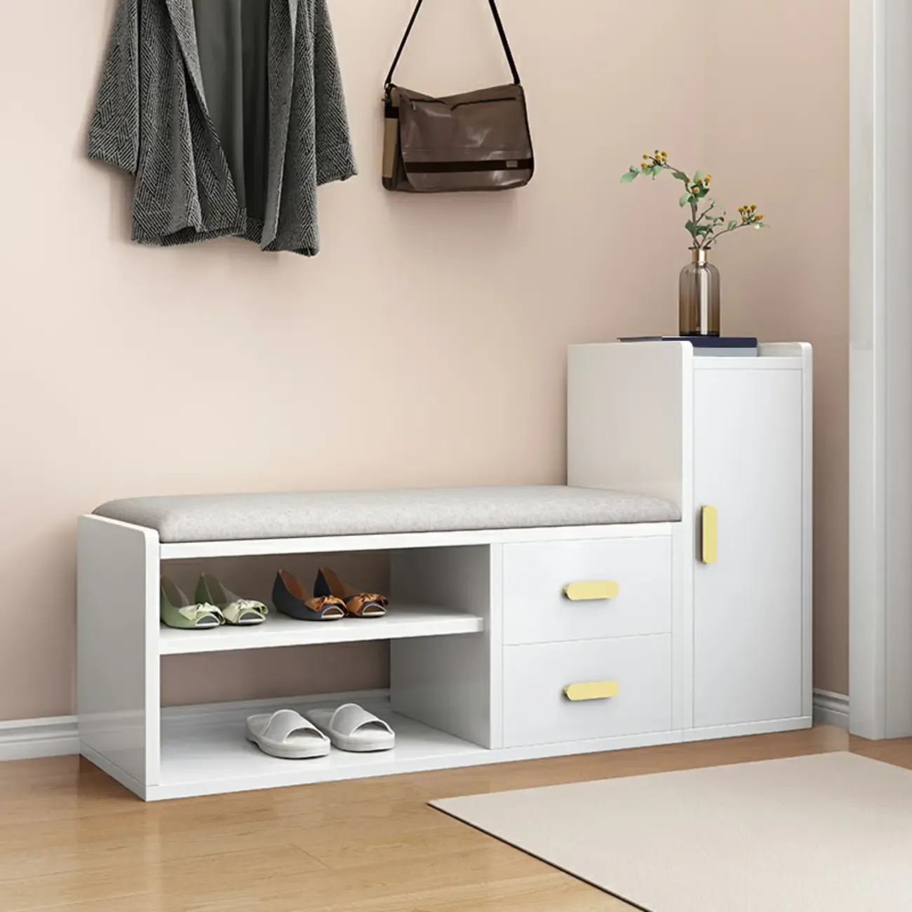 Scandinavian Nut-Brown Wooden Shoe Storage Bench Image - 3