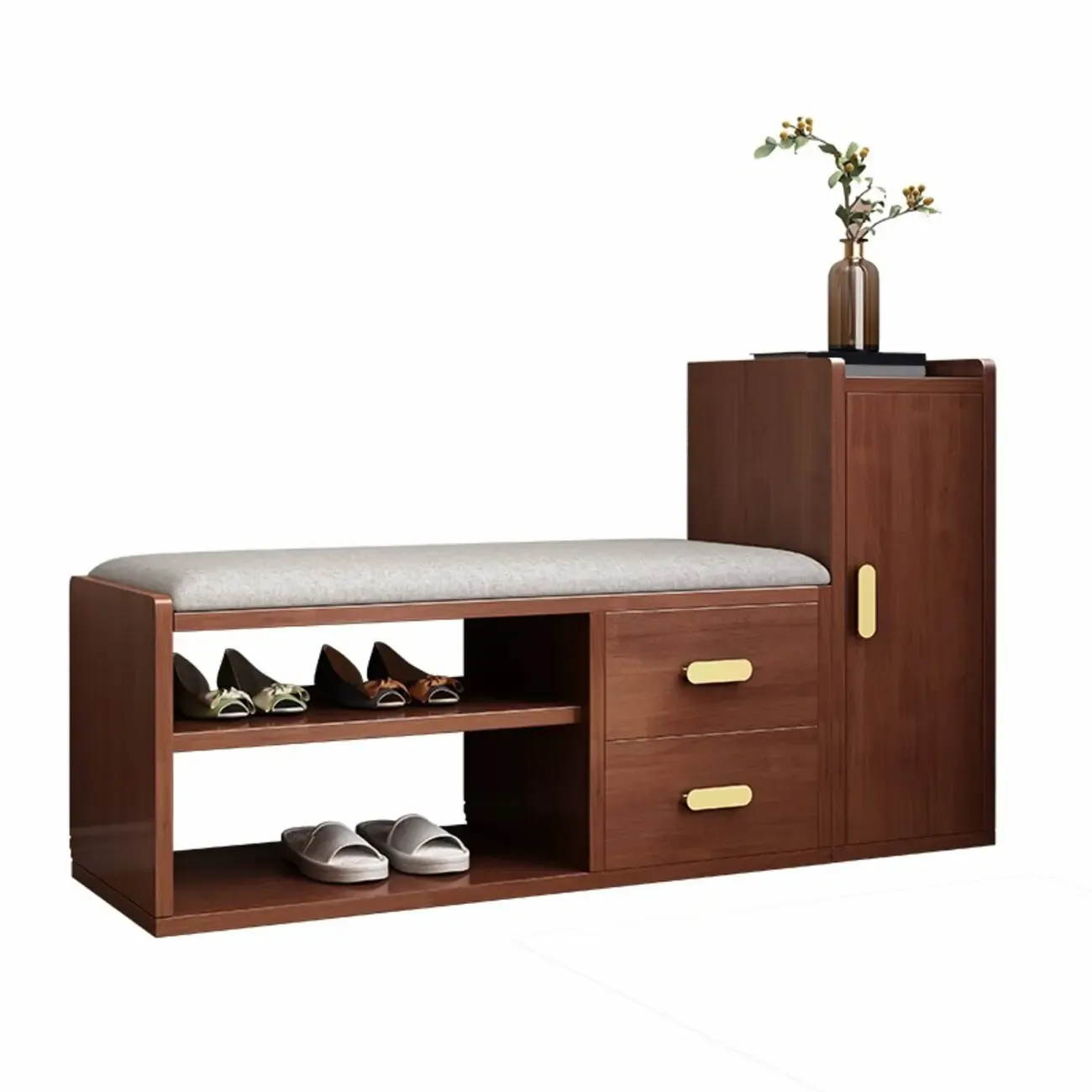Scandinavian Nut-Brown Wooden Shoe Storage Bench Image - 10