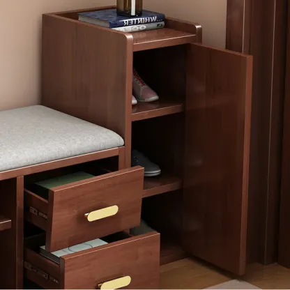 Scandinavian Nut-Brown Wooden Shoe Storage Bench Image - 6