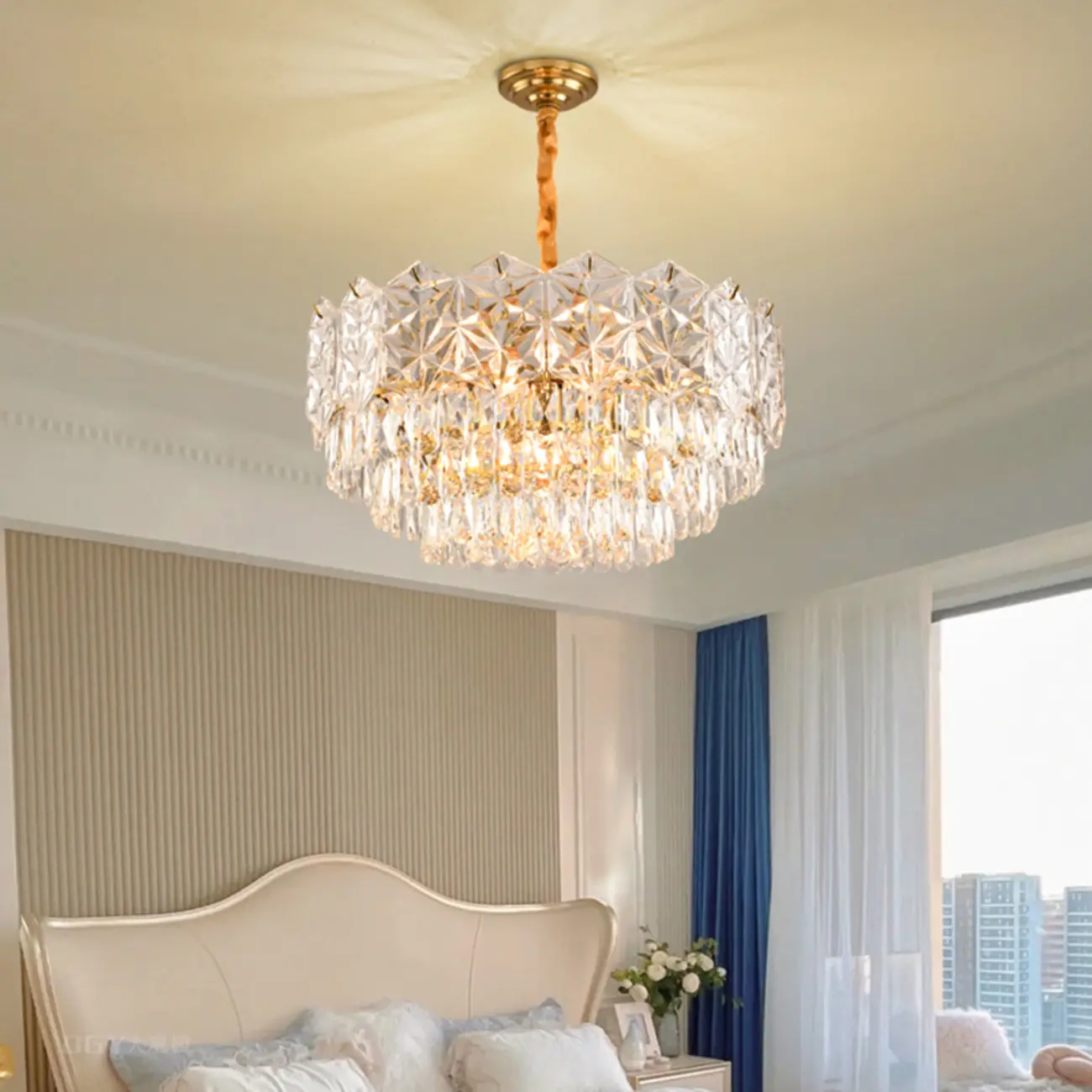 Modern Tier Gold Crystal Drum Chandelier Height Adjustable Image - 2 | homeyfad