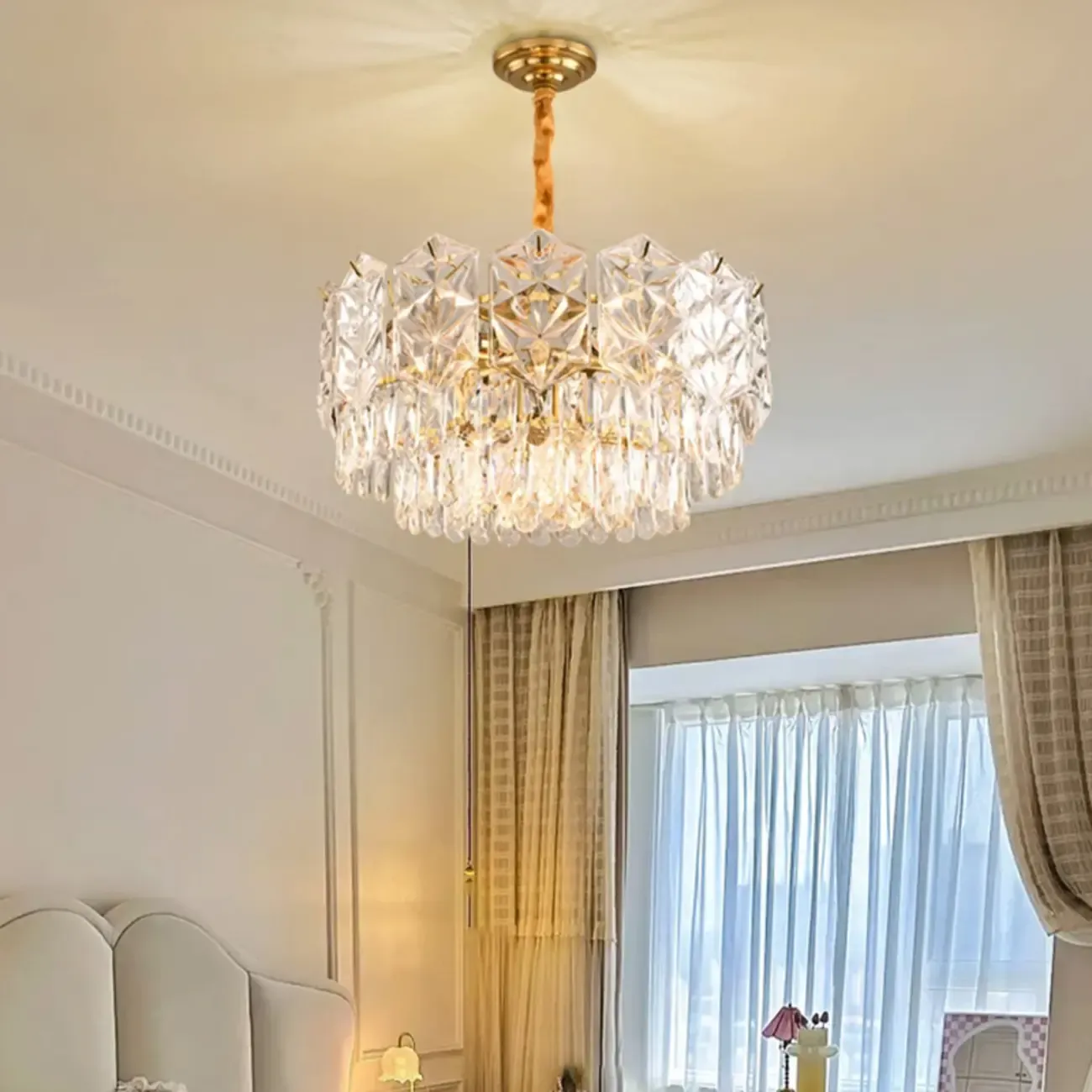 Modern Tier Gold Crystal Drum Chandelier Height Adjustable Image - 3