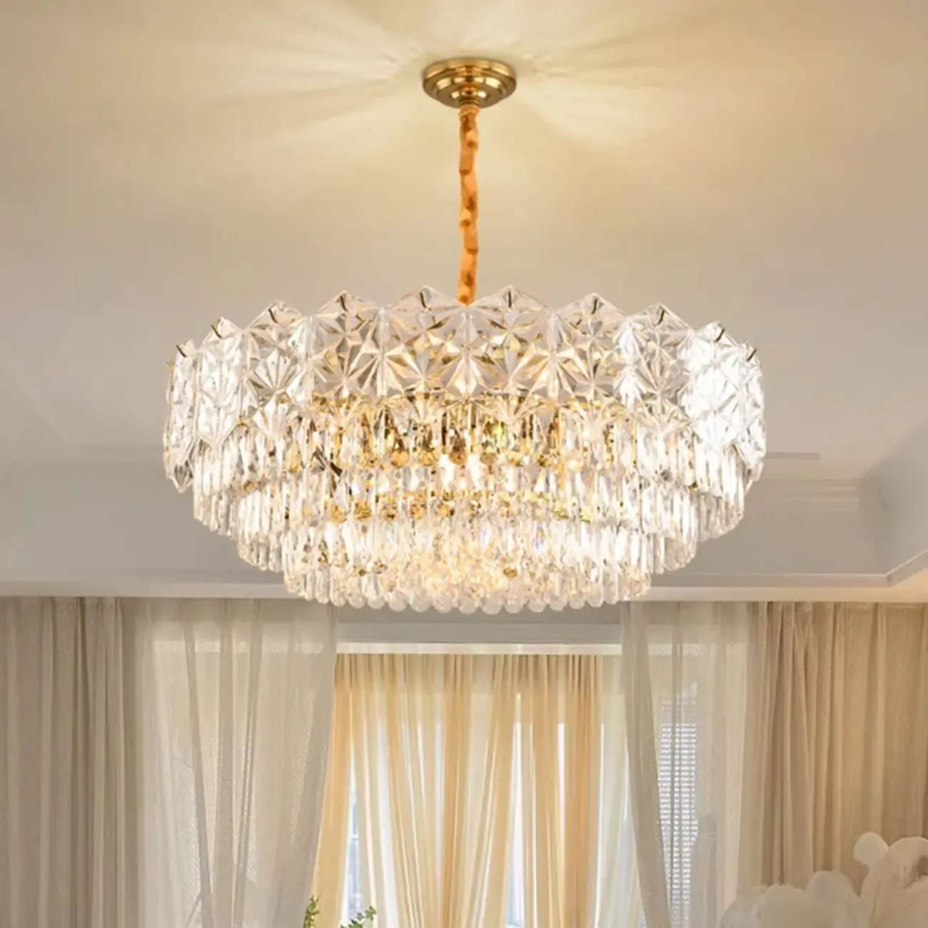 Modern Tier Gold Crystal Drum Chandelier Height Adjustable Image - 4