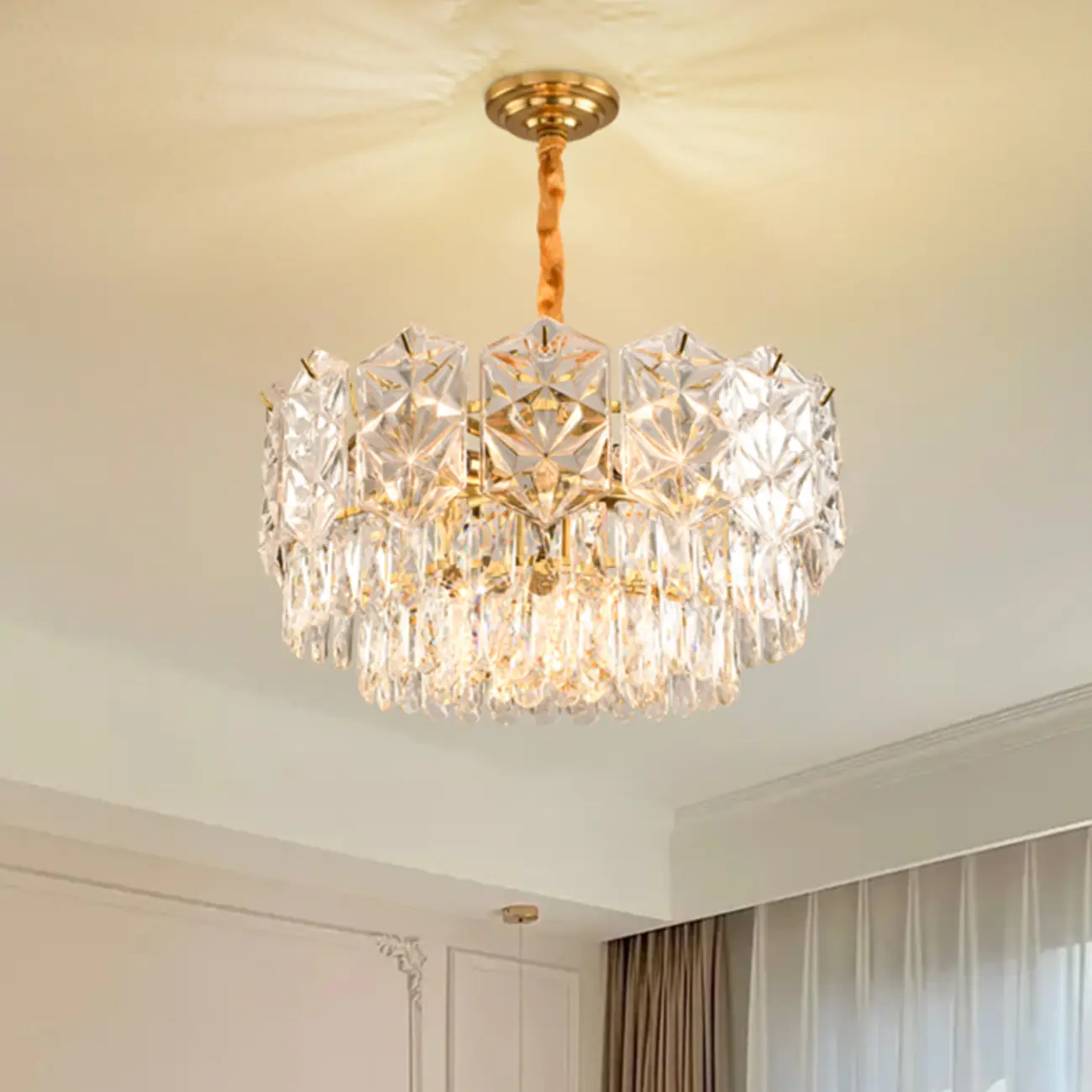 Modern Tier Gold Crystal Drum Chandelier Height Adjustable Image - 5 | homeyfad