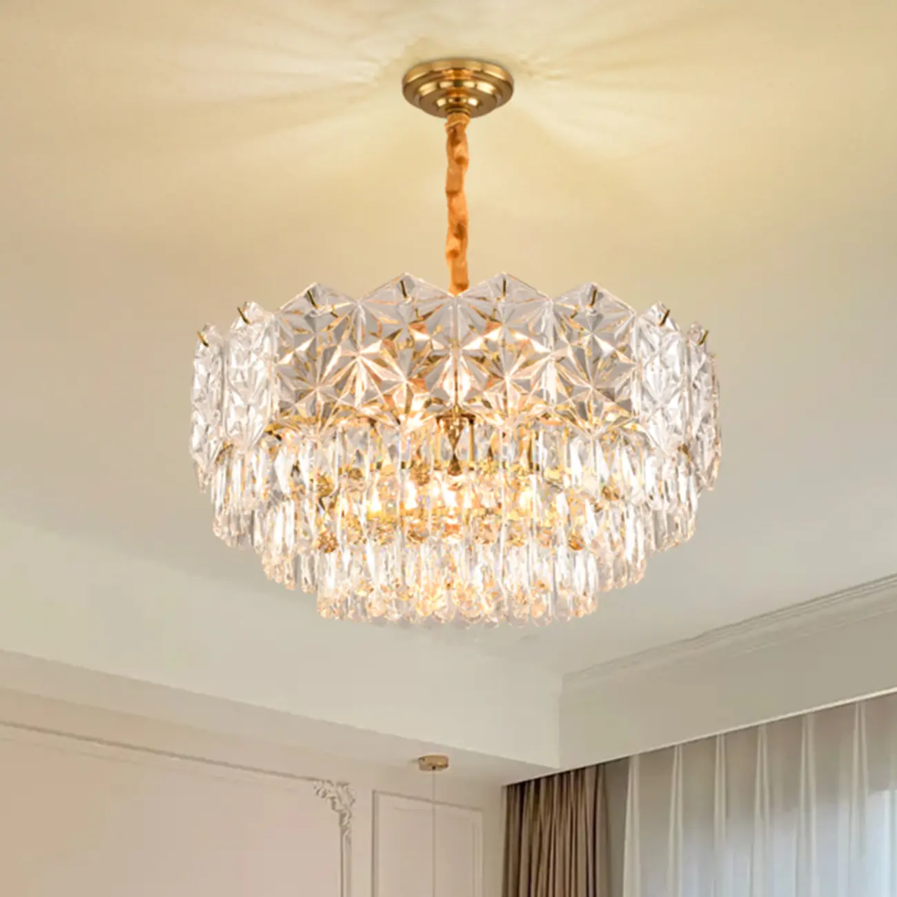 Modern Tier Gold Crystal Drum Chandelier Height Adjustable Image - 1 | homeyfad