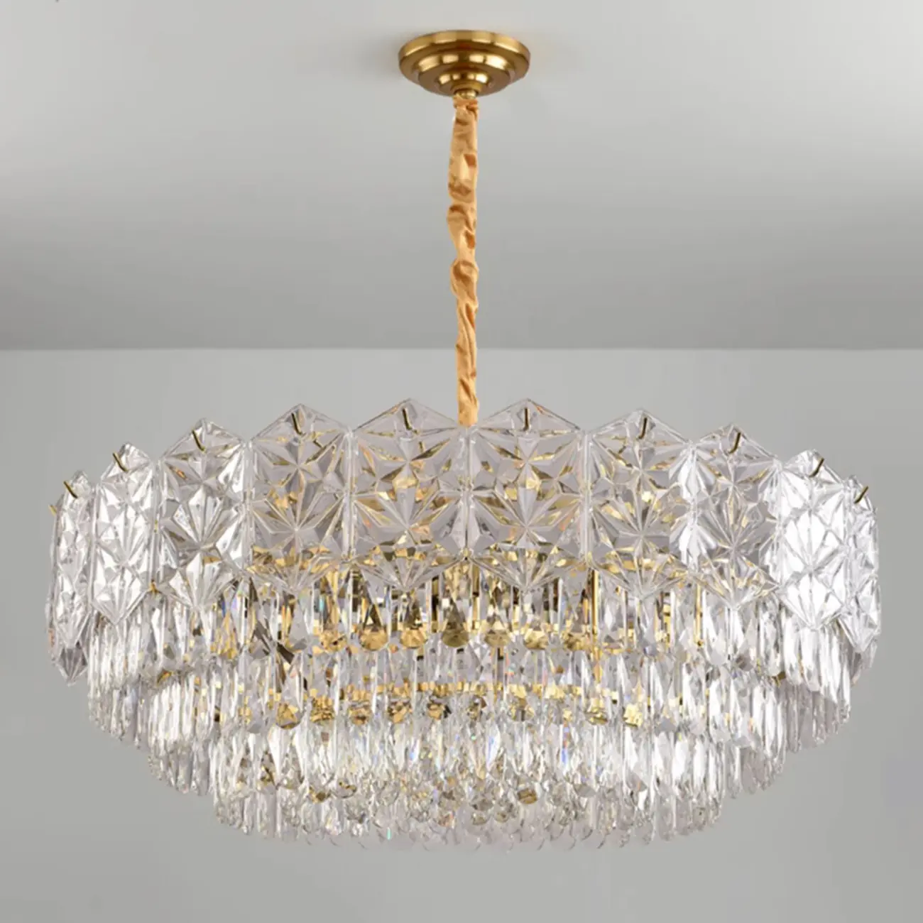 Modern Tier Gold Crystal Drum Chandelier Height Adjustable Image - 7 | homeyfad