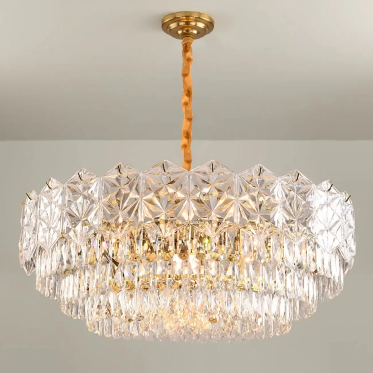 Modern Tier Gold Crystal Drum Chandelier Height Adjustable Image - 6