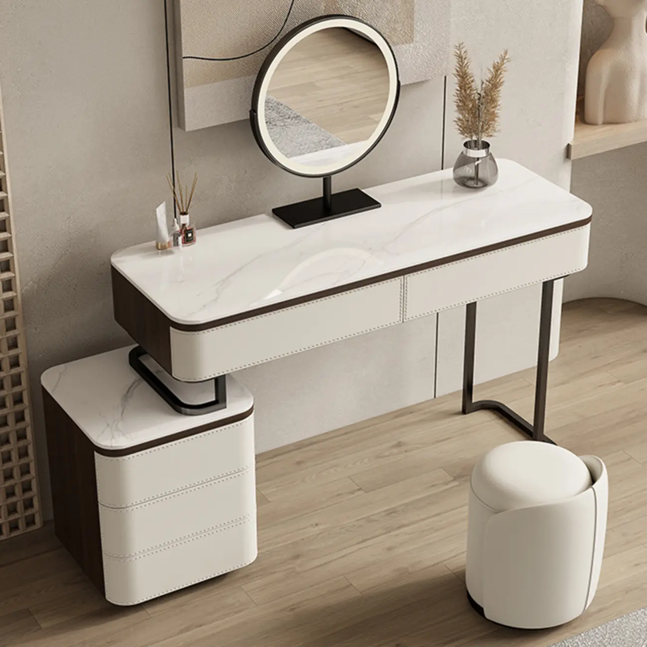 White Wood Storage Makeup Vanity with Stone Top Image - 1 | homeyfad