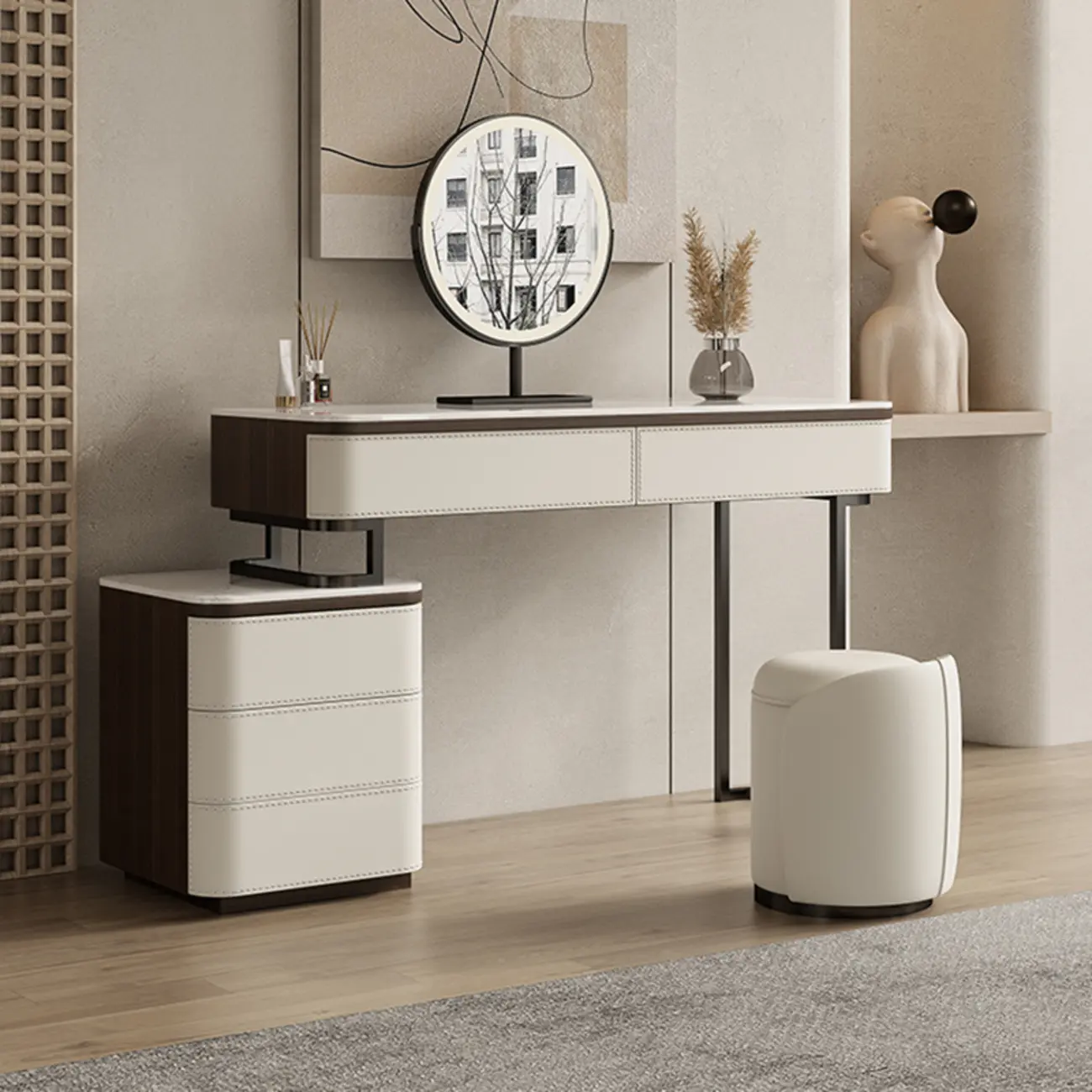 White Wood Storage Makeup Vanity with Stone Top Image - 2 | homeyfad