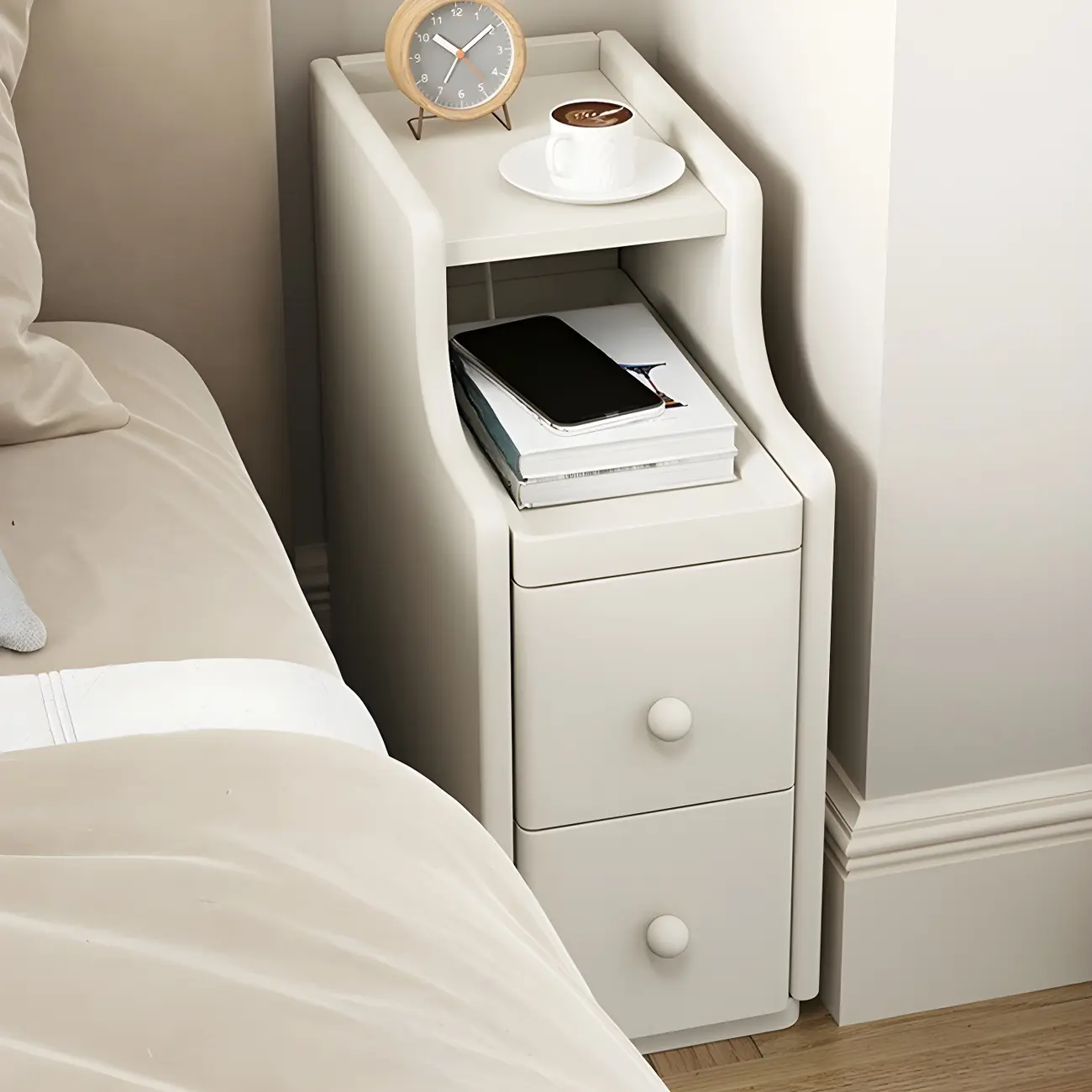 Multi-Function White Wood Storage Narrow Nightstand Image - 1 | homeyfad