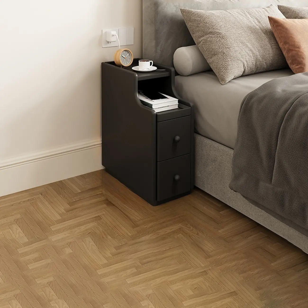 Multi-Function White Wood Storage Narrow Nightstand Image - 2 | homeyfad